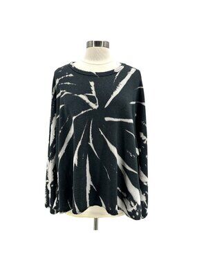 Blue Buttercup Womens Large Sweatshirt Oversized Tie Dye Black Ivory Raw Hem
